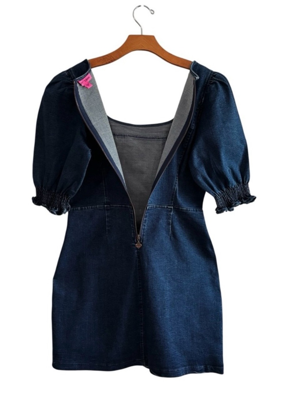 Betsy Johnson Square Neck Puff Sleeve Denim Dress 10 Corset Bodice Dark Wash - Picture 6 of 7